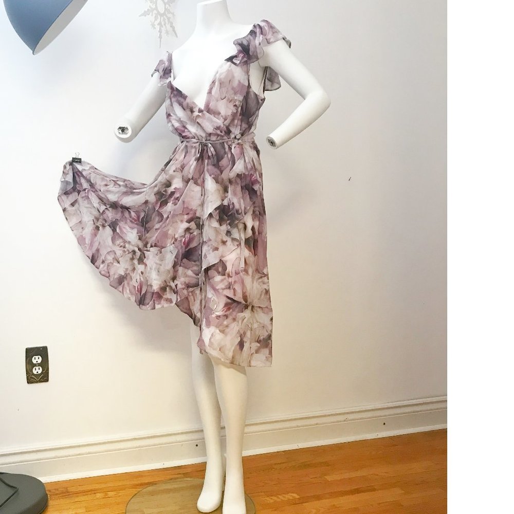 NWT CANADA made Le Chateau PLUS SIZE Chiffon Lavender Purple White Ruffle Dress